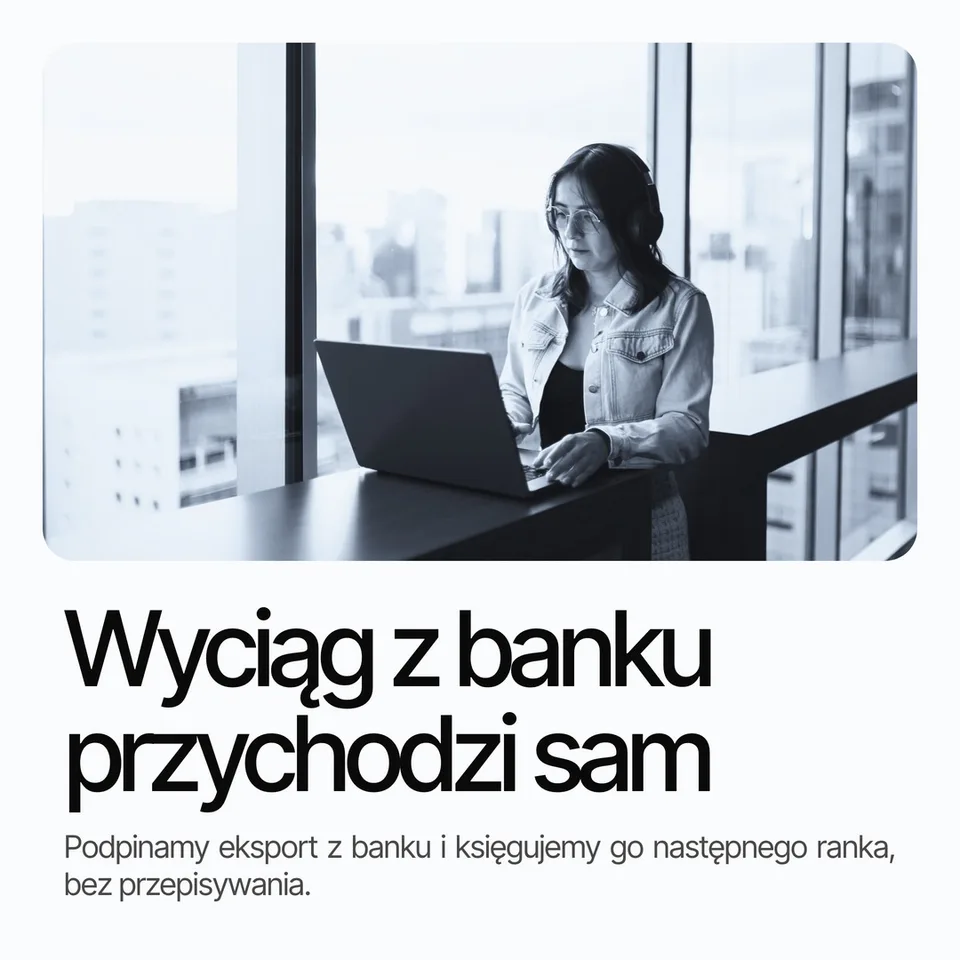 Szron, karuzela porady, slajd 2 z 5: Wyciąg z banku przychodzi sam Podpinamy eksport z banku i księgujemy go następnego ranka, bez przepisywania.