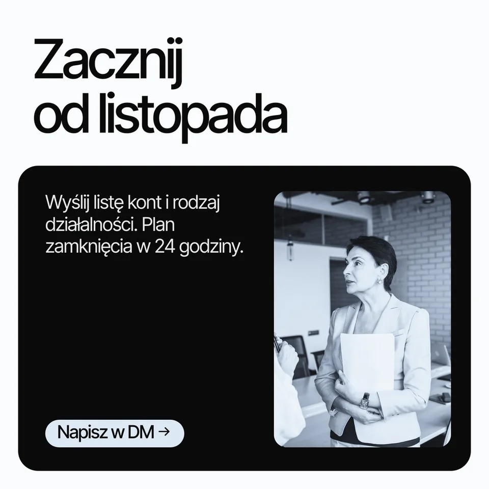 Szron, karuzela porady, slajd 5 z 5: Zacznij od listopada Wyślij listę kont i rodzaj działalności. Plan zamknięcia w 24 godziny. Napisz w DM