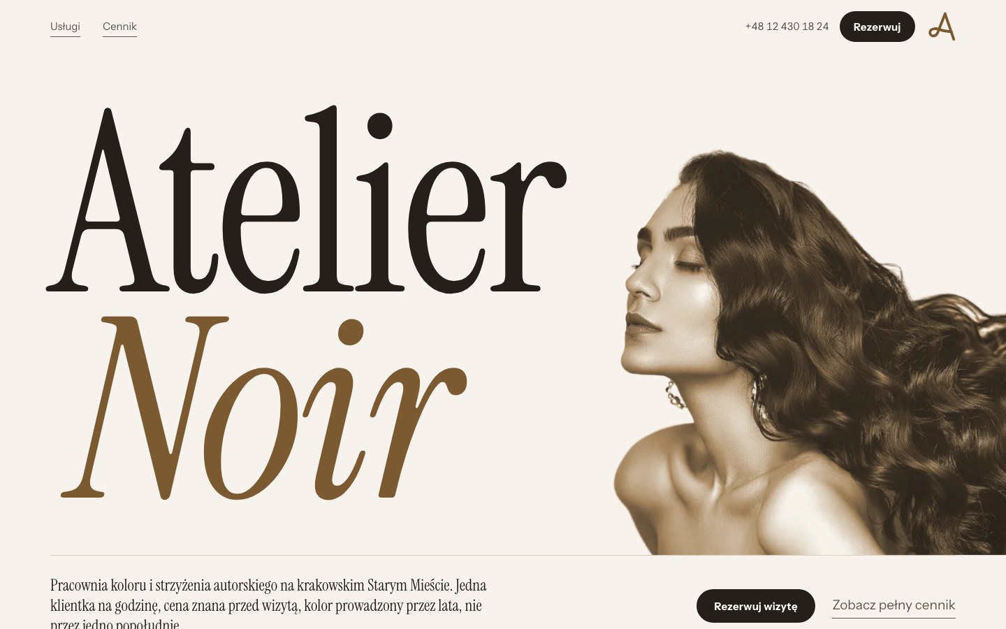 Atelier Noir - Strona pracowni fryzjerskiej: cennik widoczny przed wizytą, rytuał wizyty rozpisany krok po kroku i rezerwacja terminu.