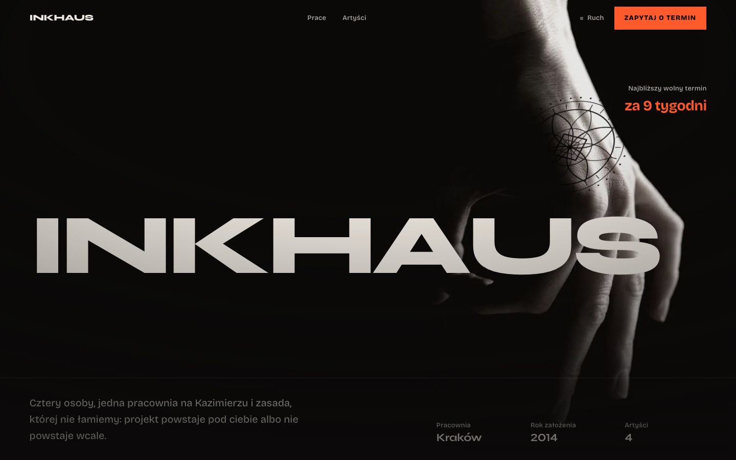 INKHAUS - Strona studia tatuażu: portfolio czterech artystów, droga od zapytania do sesji i formularz, w którym opisujesz pomysł.