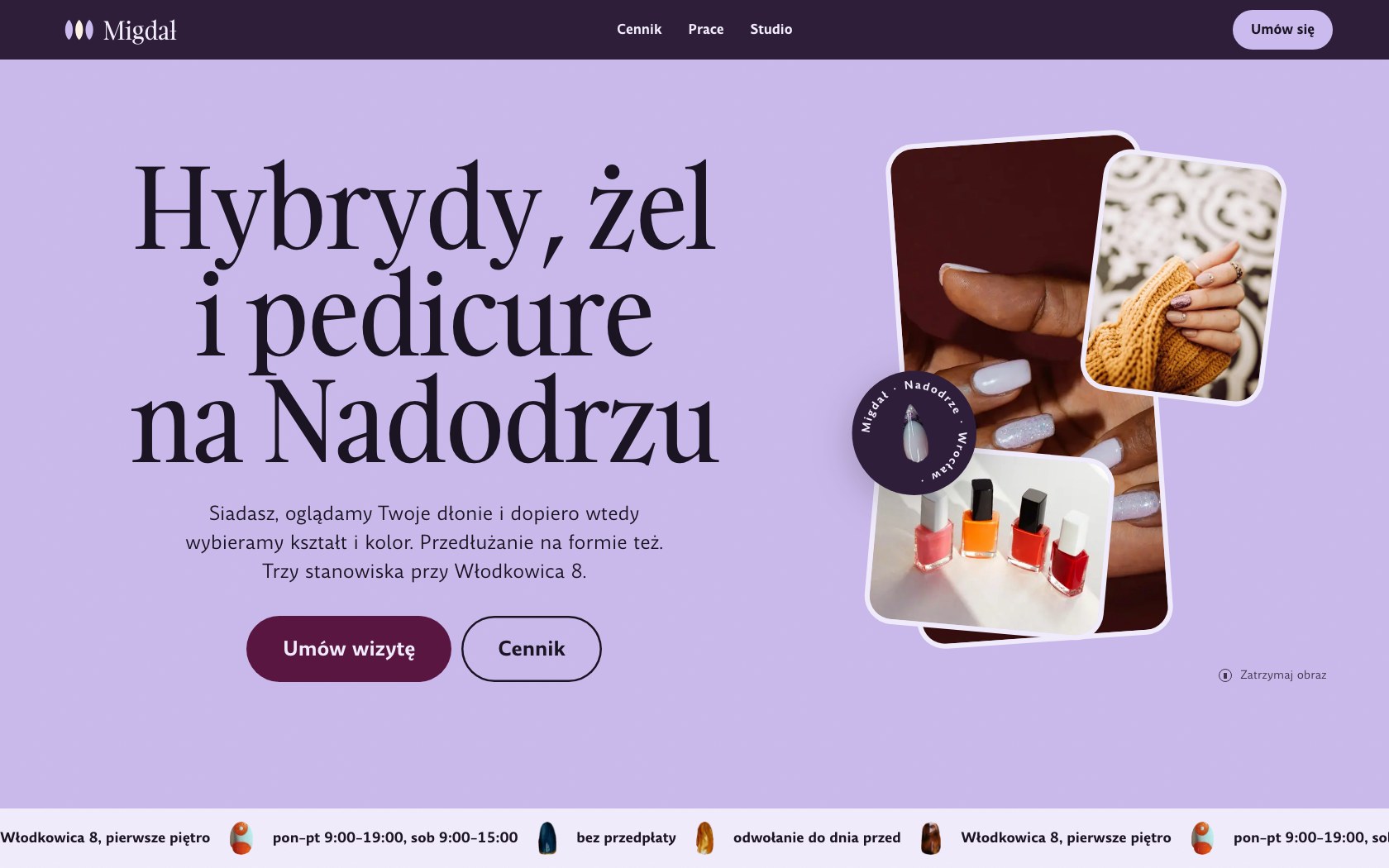 Migdał - Strona studia paznokci na wrocławskim Nadodrzu: wybór kształtu, galeria prac, cennik i rezerwacja stanowiska.