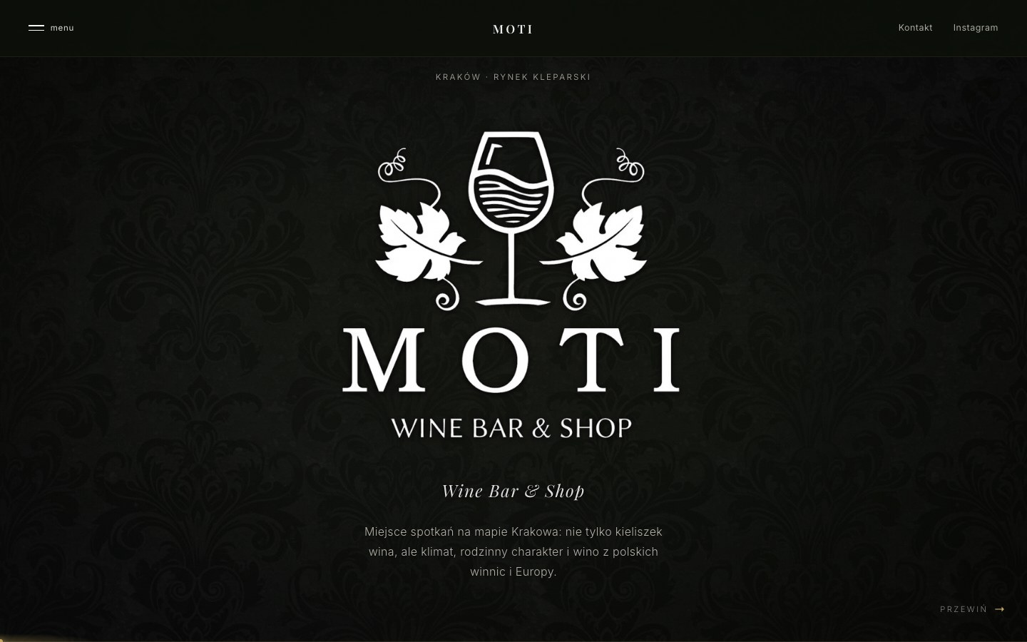 Moti Wine Bar & Shop - Strona winiarni na Astro: bar, sklep, wycieczki po winnicach i Wine Bus pod jednym adresem, plus formularz kontaktowy.