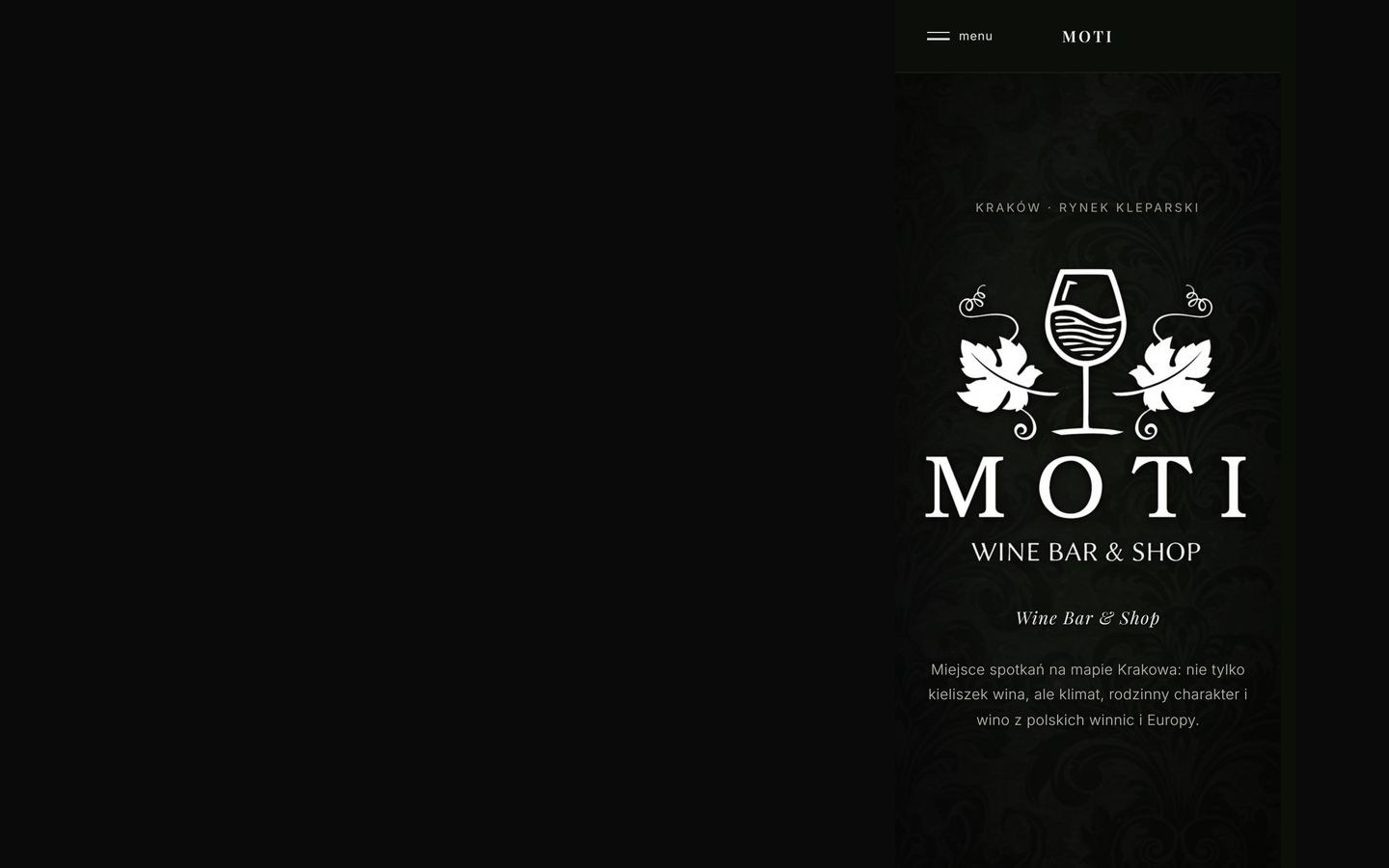 Strona Moti Wine Bar and Shop: ciemne wejście z logo i adresem lokalu w Krakowie.
