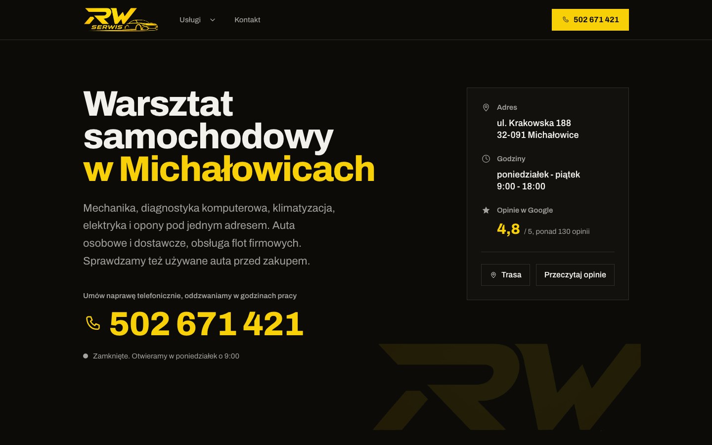 RW Serwis - Strona warsztatu samochodowego w Michałowicach pod Krakowem: osiem usług z własnymi podstronami, cztery strony lokalne dla okolicy i mapa Google, która ładuje się dopiero po kliknięciu.